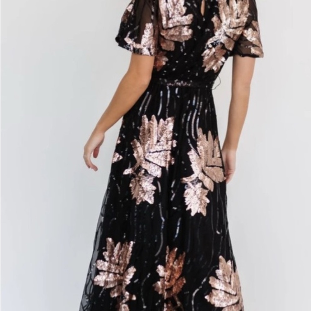 Baltic Born Muse Sequin Maxi Dress Black Rose Gold Flutter Sleeve Size 4 - Picture 10 of 11